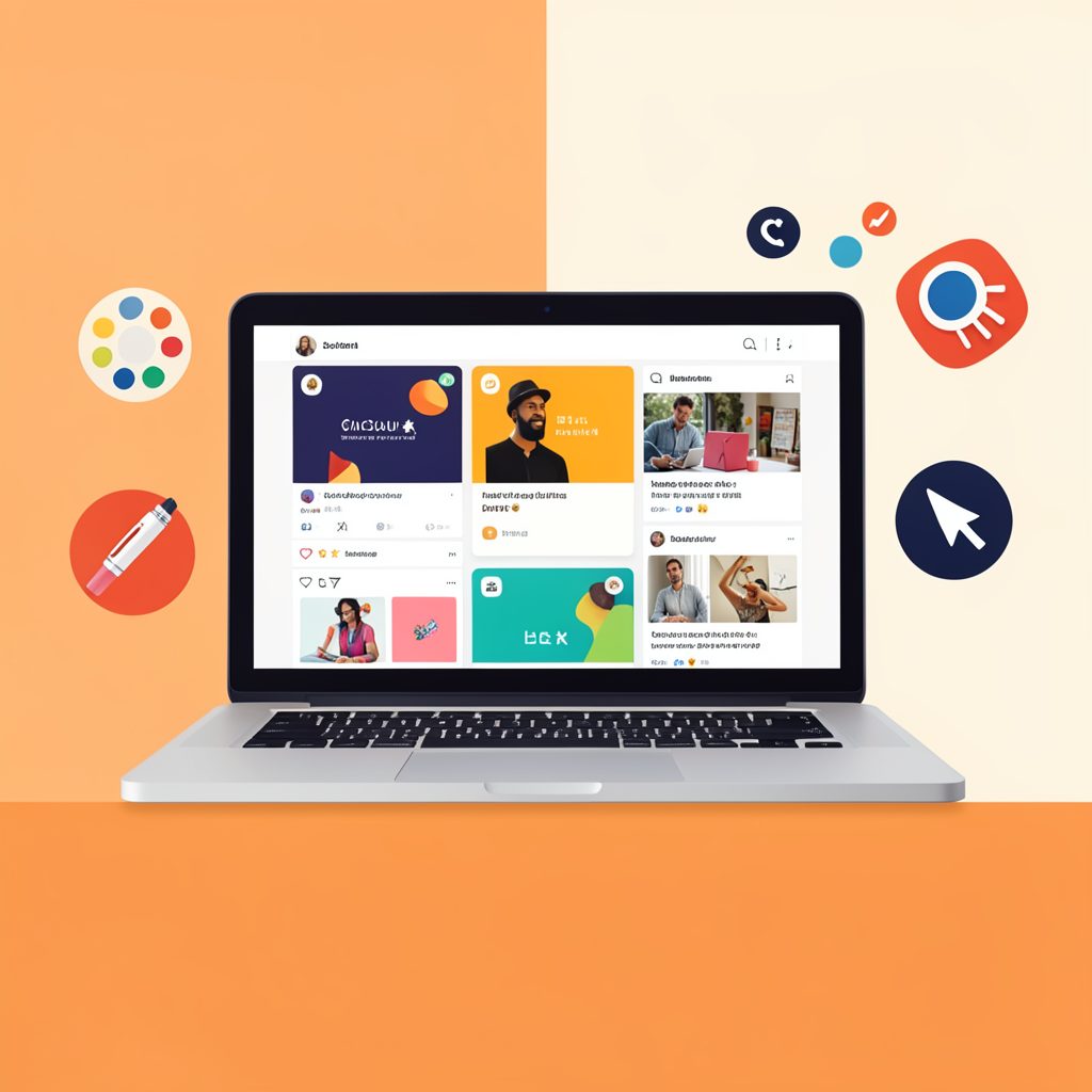 A flat desktop illustration of a laptop screen showing colorful social media post templates, surrounded by design tool icons like a color palette and cursor, in warm orange, navy blue, and cream tones with a friendly creative mood