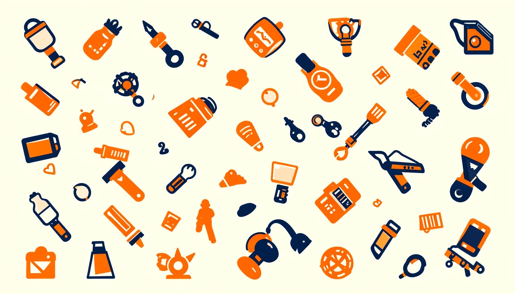 A flat illustration style graphic of scattered design icons in orange and navy on a cream background, representing free digital tools