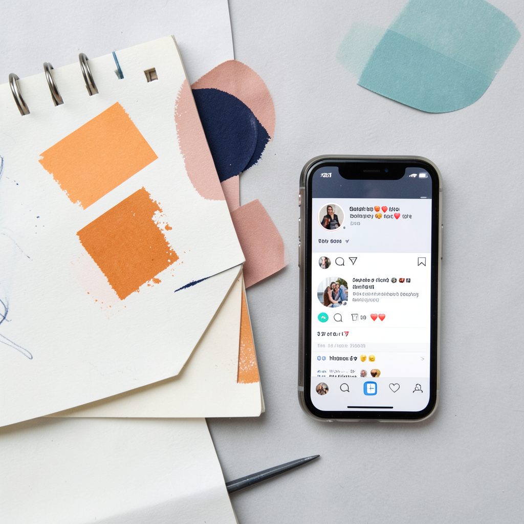 A flat-lay scene with a sketchpad, color swatches in warm orange and navy, and a smartphone displaying a social media post mockup.