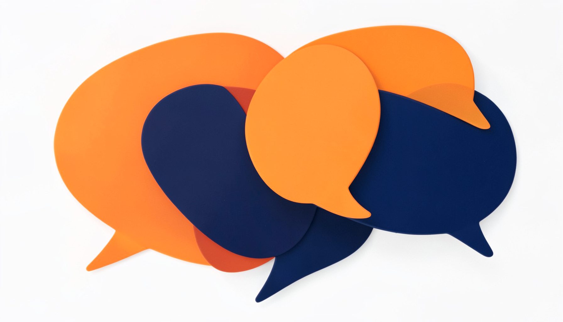 A soft abstract graphic of overlapping speech bubble shapes in orange and navy, representing social media content creation