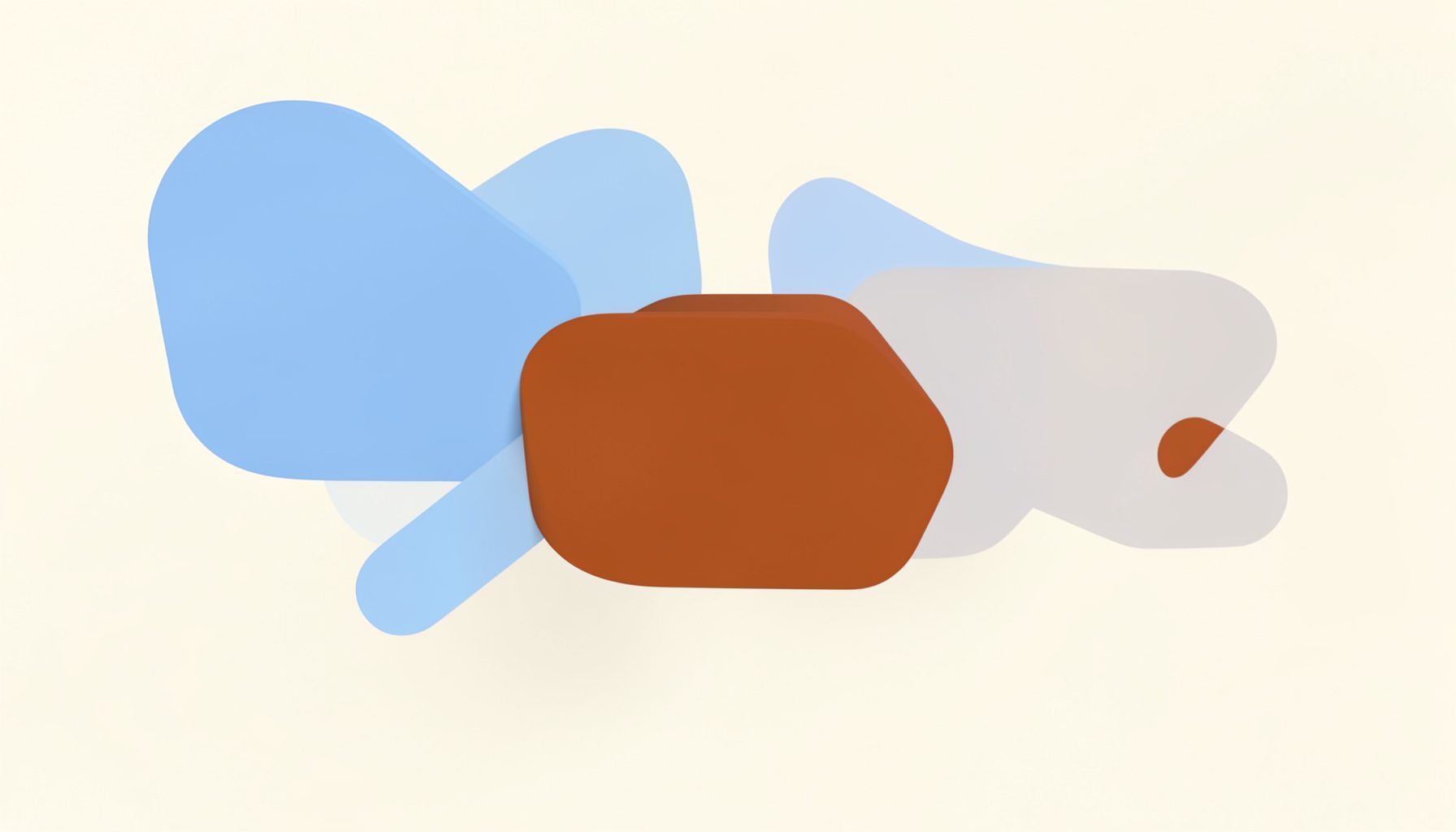 Soft geometric shapes and rounded rectangles in periwinkle blue and burnt orange floating on a cream background, evoking a modern editorial design mood